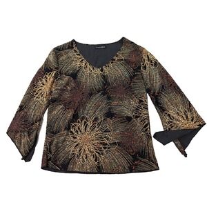 Vtg Brittany Blouse Womens Black Beige Pullover V-Neck Y2K Abstract Stretch Sz S